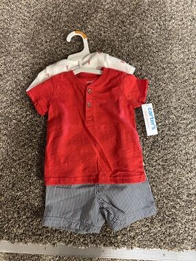 Carter's Bright Red Short Sleeve Henley Tee 3pc short set